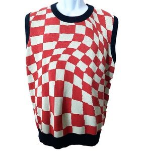VSTR Premium Sweater Vest Red Beige Check Black Trim Optical Illusion Pattern